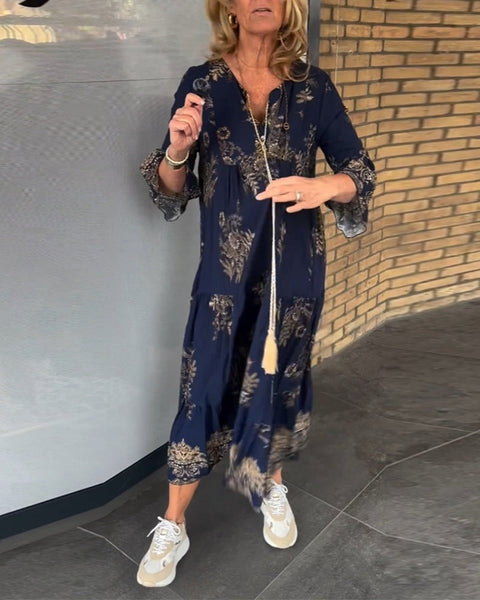 Loose-Fitting Vintage V-neck Dress