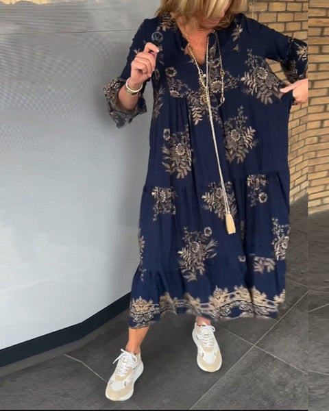 Loose-Fitting Vintage V-neck Dress