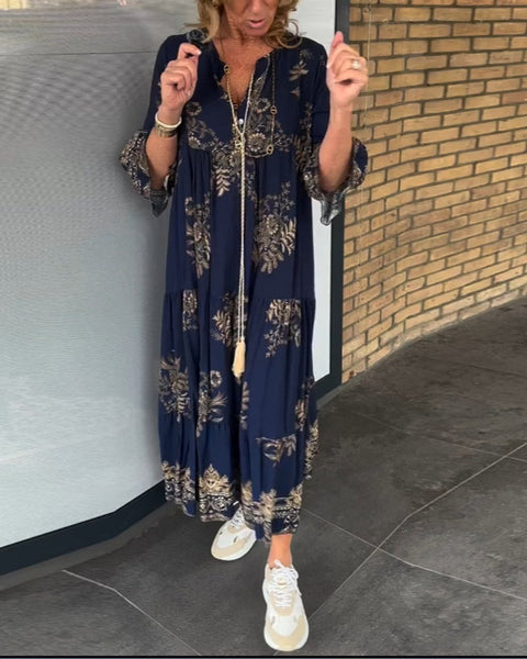 Loose-Fitting Vintage V-neck Dress