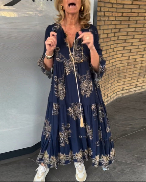 Loose-Fitting Vintage V-neck Dress