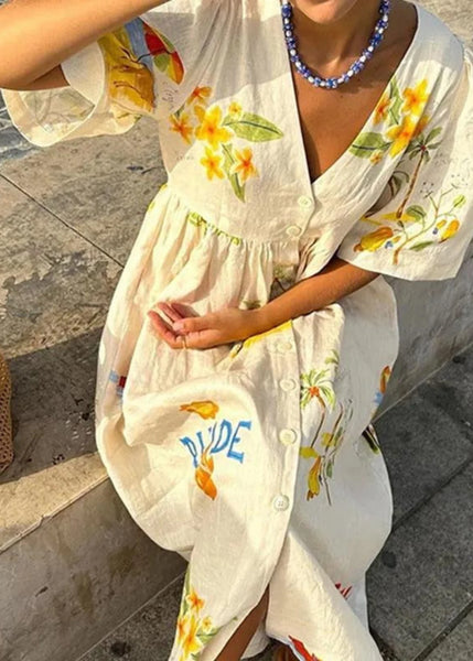 V-neck Floral Mediterranean 3/4 Sleeve Dress