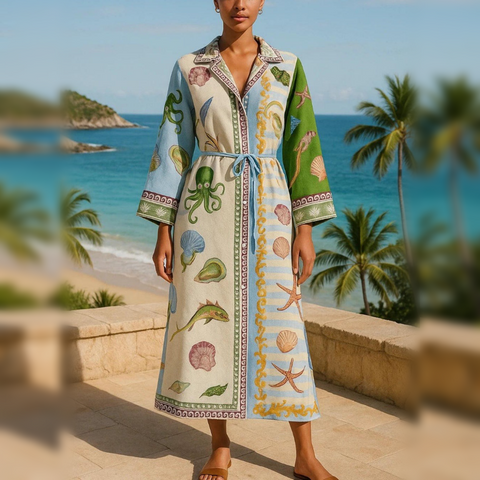 Belted Printed Twill Midi Shirt Dress