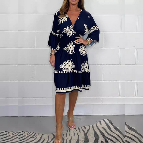 Printed V-neck 3/4 Sleeve Midi Dress