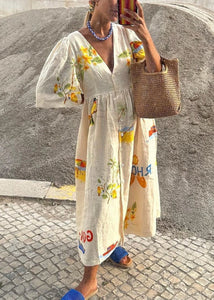V-neck Floral Mediterranean 3/4 Sleeve Dress