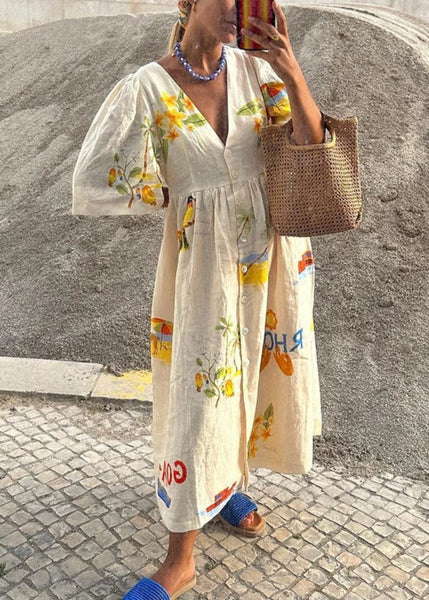V-neck Floral Mediterranean 3/4 Sleeve Dress