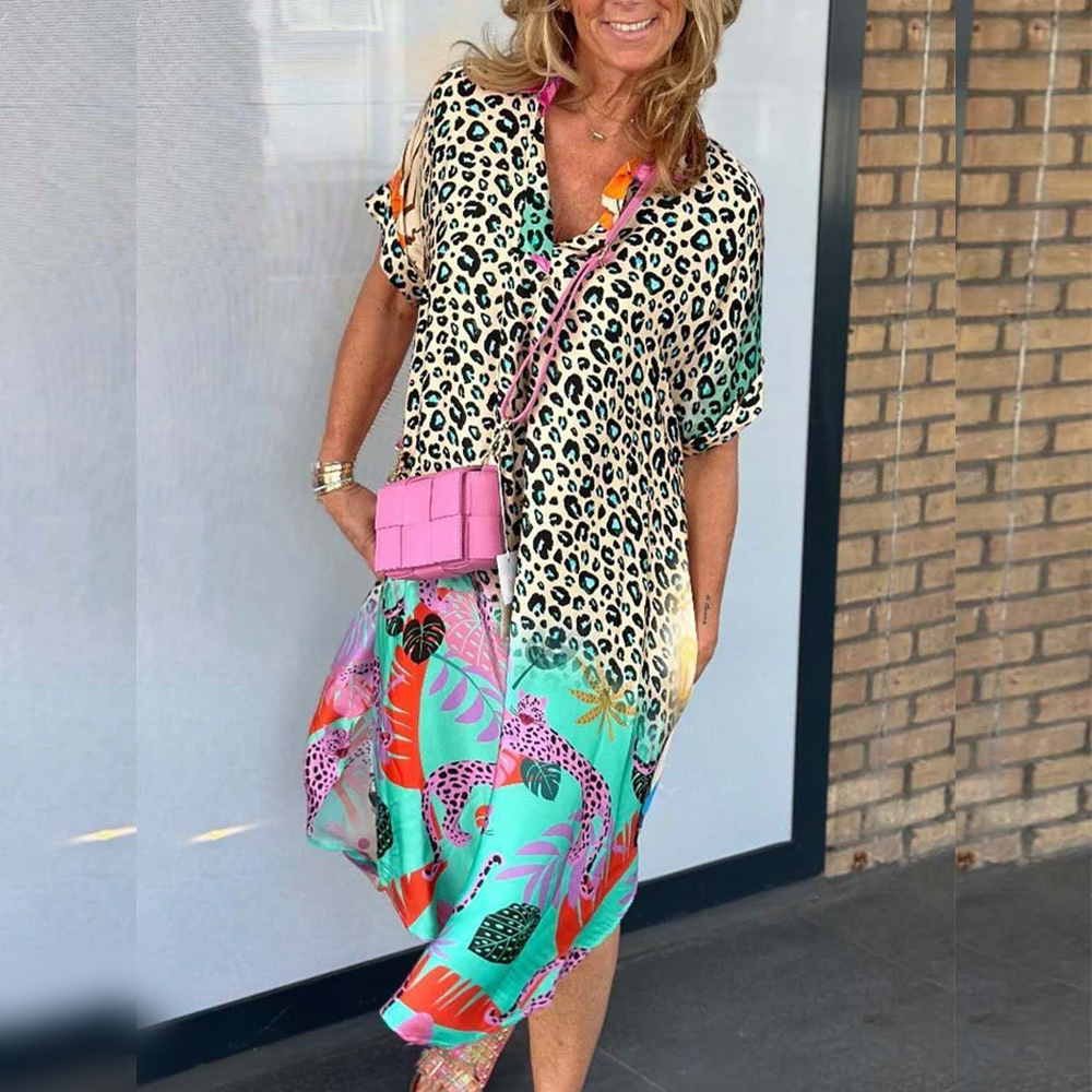 Boho Casual Leopard Print Short Sleeve Dress  Selection-us