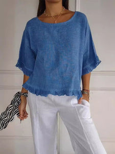 Round Neck Ruffled Hem Mid-sleeve Cotton and Linen Top