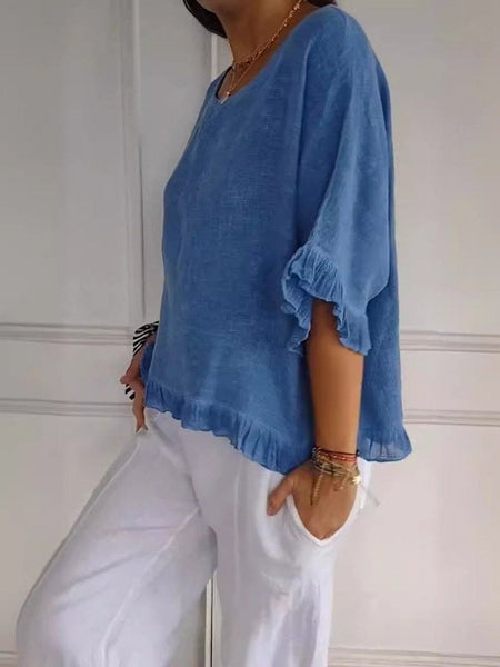 Round Neck Ruffled Hem Mid-sleeve Cotton and Linen Top