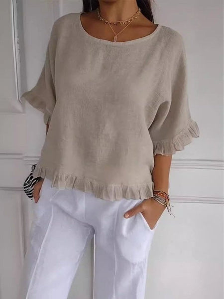 Round Neck Ruffled Hem Mid-sleeve Cotton and Linen Top