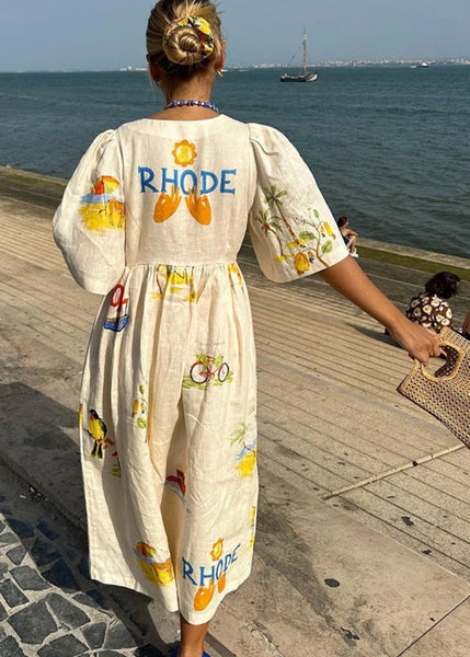 V-neck Floral Mediterranean 3/4 Sleeve Dress
