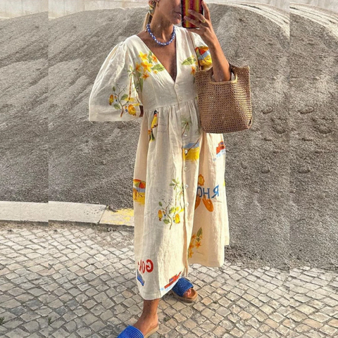 V-neck Floral Mediterranean 3/4 Sleeve Dress