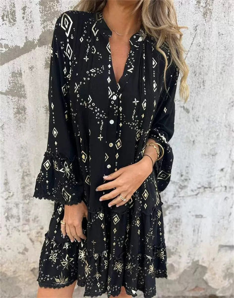 Fashionable Gold Foil Trumpet Lace Sleeve Dress