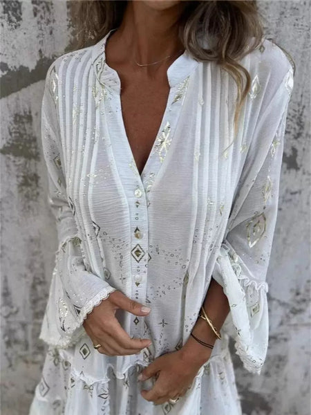 Fashionable Gold Foil Trumpet Lace Sleeve Dress