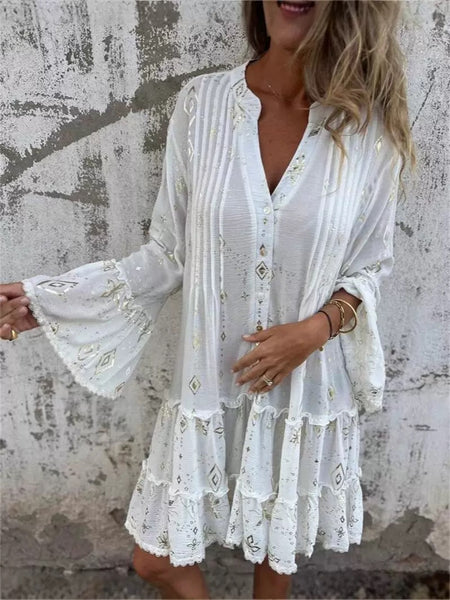 Fashionable Gold Foil Trumpet Lace Sleeve Dress