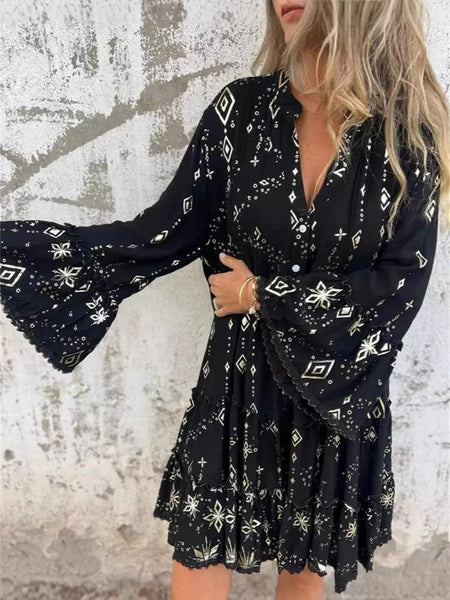 Fashionable Gold Foil Trumpet Lace Sleeve Dress