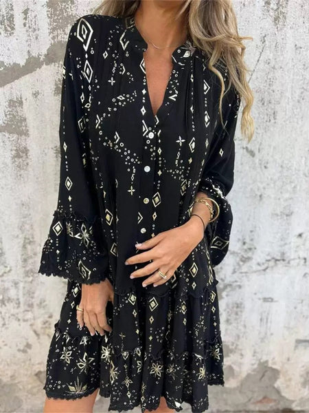 Fashionable Gold Foil Trumpet Lace Sleeve Dress