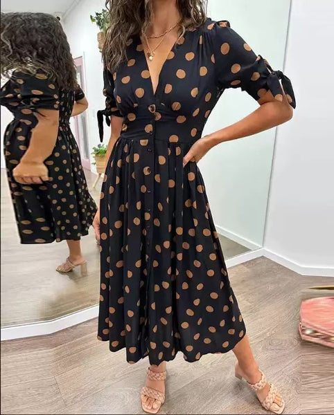 V-neck Polka Dot Waist Casual Dress