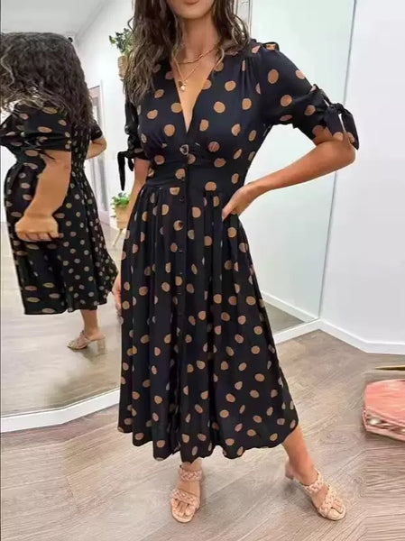 V-neck Polka Dot Waist Casual Dress