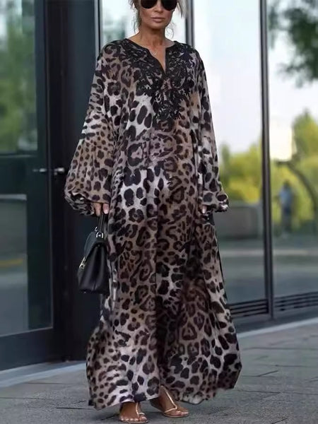 Loose Leopard Print Long Sleeve Dress