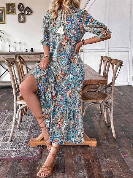 Colorful Paisley Shirred Waist Long Summer Dress