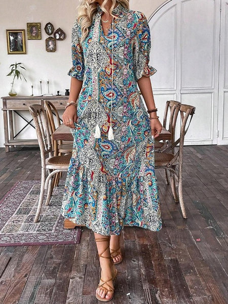 Colorful Paisley Shirred Waist Long Summer Dress