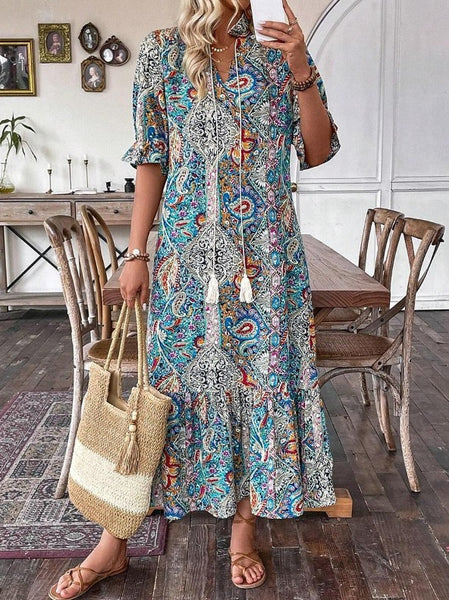 Colorful Paisley Shirred Waist Long Summer Dress
