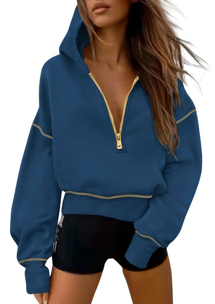 Half Zip Hooded Long Sleeve Cropped Pullover