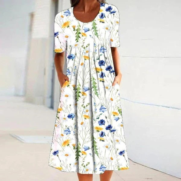 Yellow and Blue Floral Short Sleeve White Pleated Midi Dress