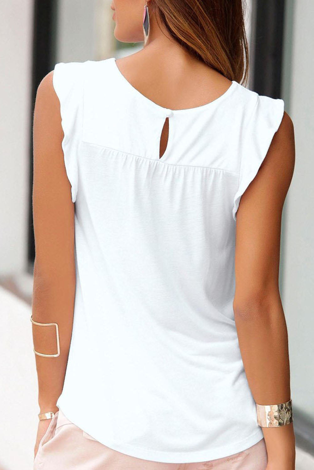 Keyhole Back Ruffled Sleeveless Top