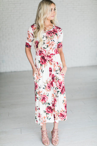 Short Sleeve Floral Long Dress with Pockets