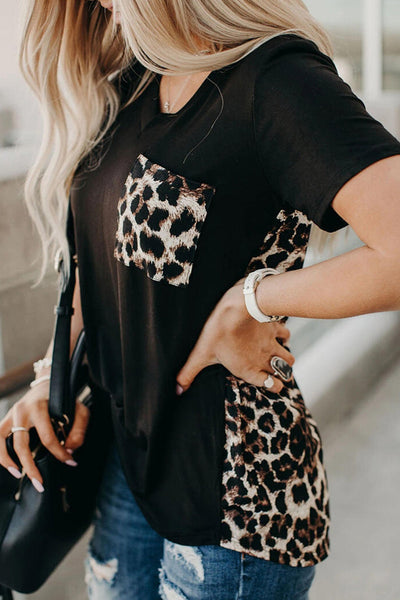 Wihte Leopard Printed Splicing T-Shirt