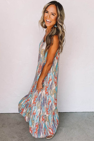 Western Pattern Print Spaghetti Strap Shift Maxi Dress