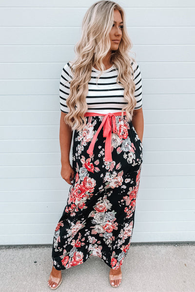 Floral Striped Color Block Lace-up High Waist Maxi Dress