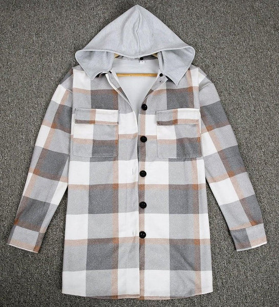 Everyday Front Pocket Plaid Hoodie Cardigan Jacket