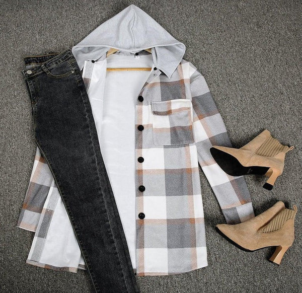 Everyday Front Pocket Plaid Hoodie Cardigan Jacket