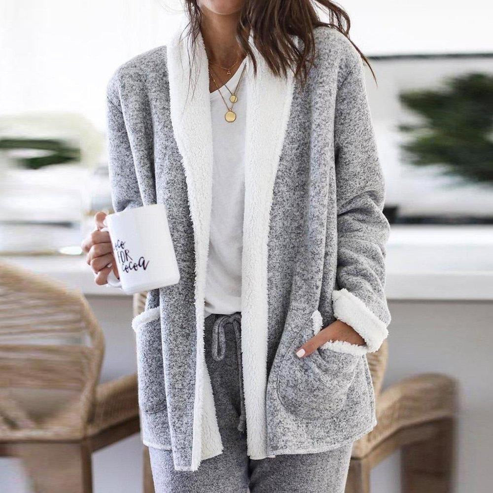 Cozy Gray and White Trim Double Pocket Cardigan