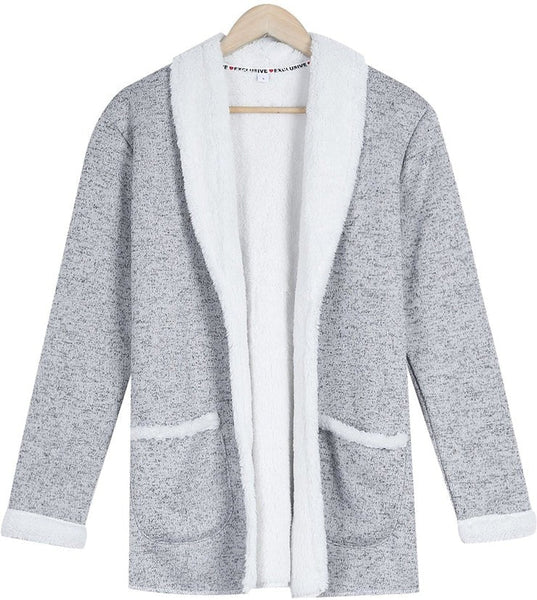 Cozy Gray and White Trim Double Pocket Cardigan