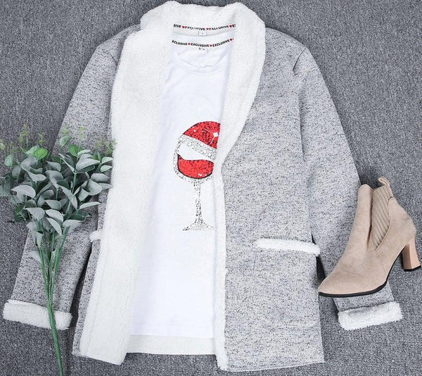 Cozy Gray and White Trim Double Pocket Cardigan