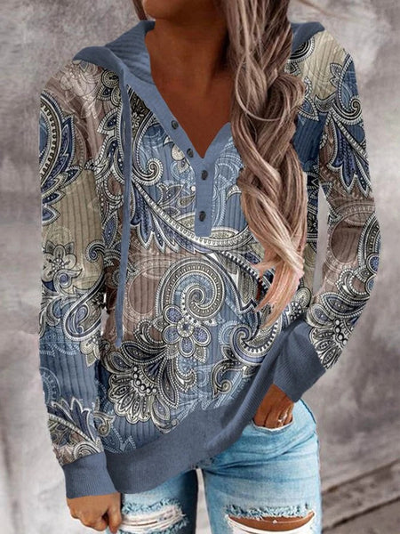 White Paisley Ombre Hooded Henley Top