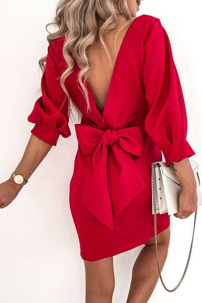 Bow Backless 3/4 Sleeve High Waist Mini Dress