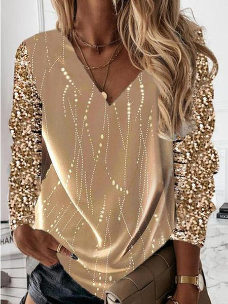 Golden Goddess V-Neck Long Sleeve Top