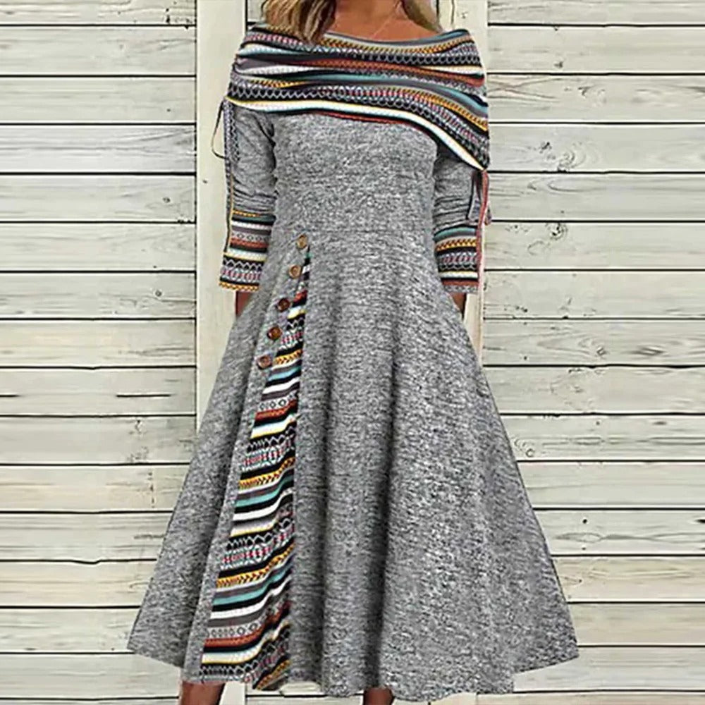 Guatemalan Print Gray Boatneck Midi Dress