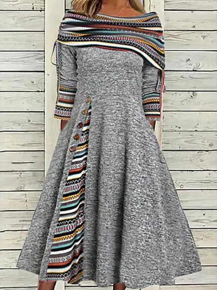 Guatemalan Print Gray Boatneck Midi Dress – Selection-us