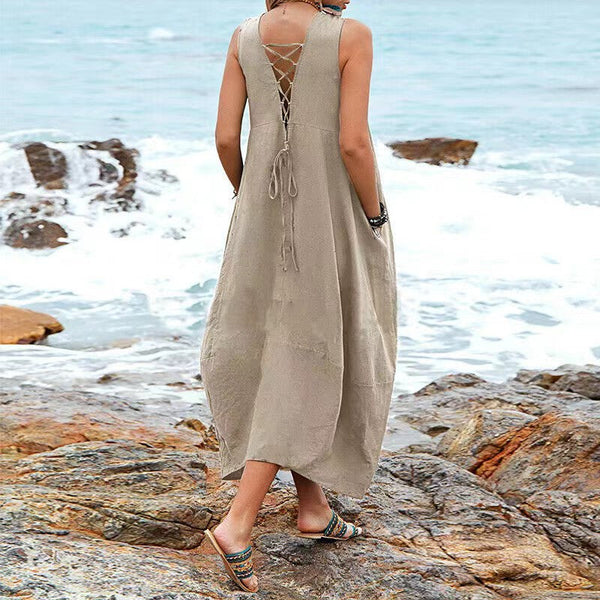 Basic Illusion Pleated Sleeveless Maxi Dress