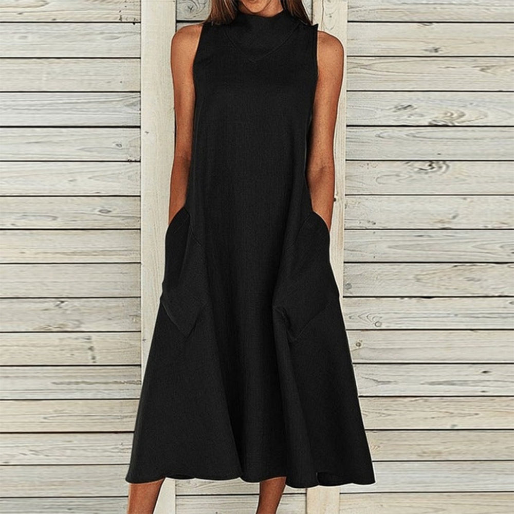 Stylish Black Plain Sleeveless Midi Dress