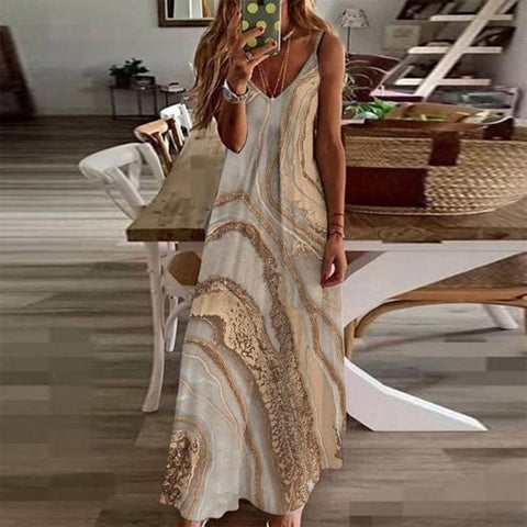 Sun Goddess Golden Marble Beach Sleeveless Maxi Dress