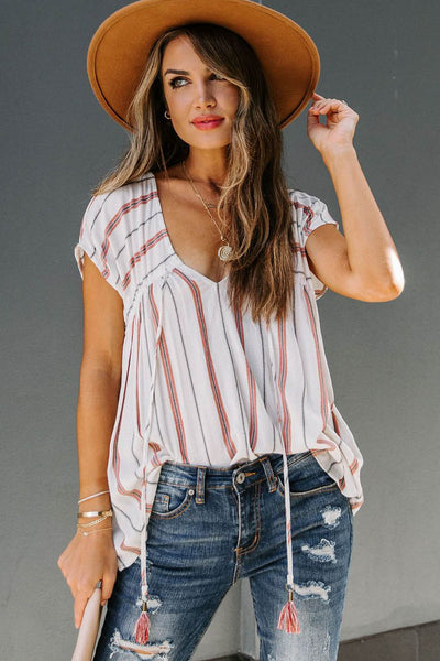 Striped Print Loose V Neck Short Sleeve Top