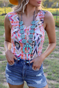 Western Aztec Print Ruffled Sleeveless Bodysuit