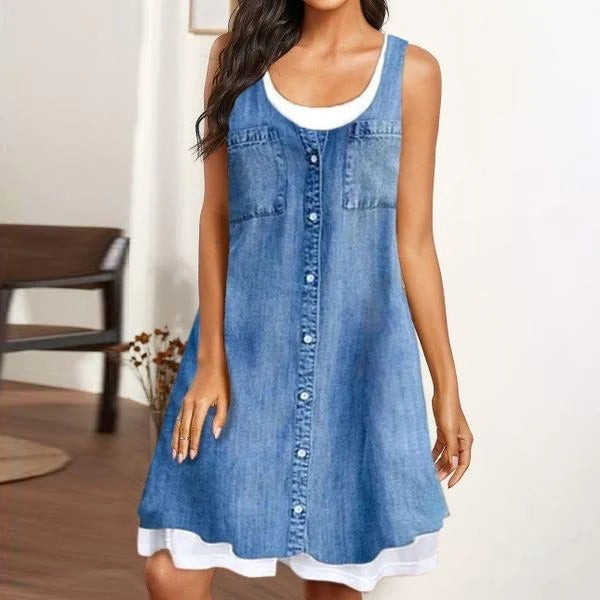 Denim Chambray Button Front Twofer Mini Dress