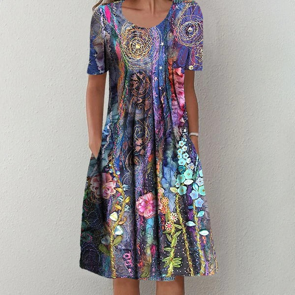 Boho Chic Watercolor Garden Short Sleeve Pleated Midi Dress